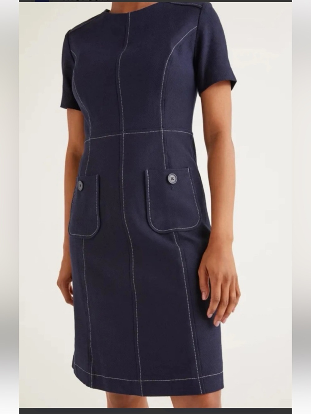 Boden Navy Clara Textured Dress | Professional Dress | Short Sleeve Shift Dress